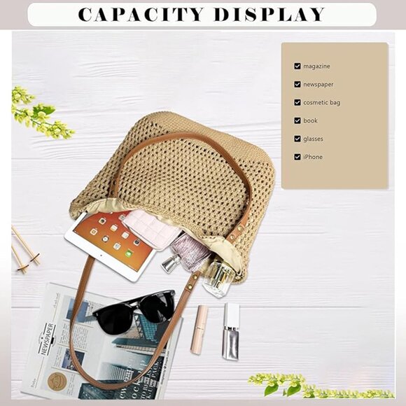 Women's Khaki Boho Woven Shoulder Bag Crochet Beach Tote Purse For Beach Day - Picture 4 of 8